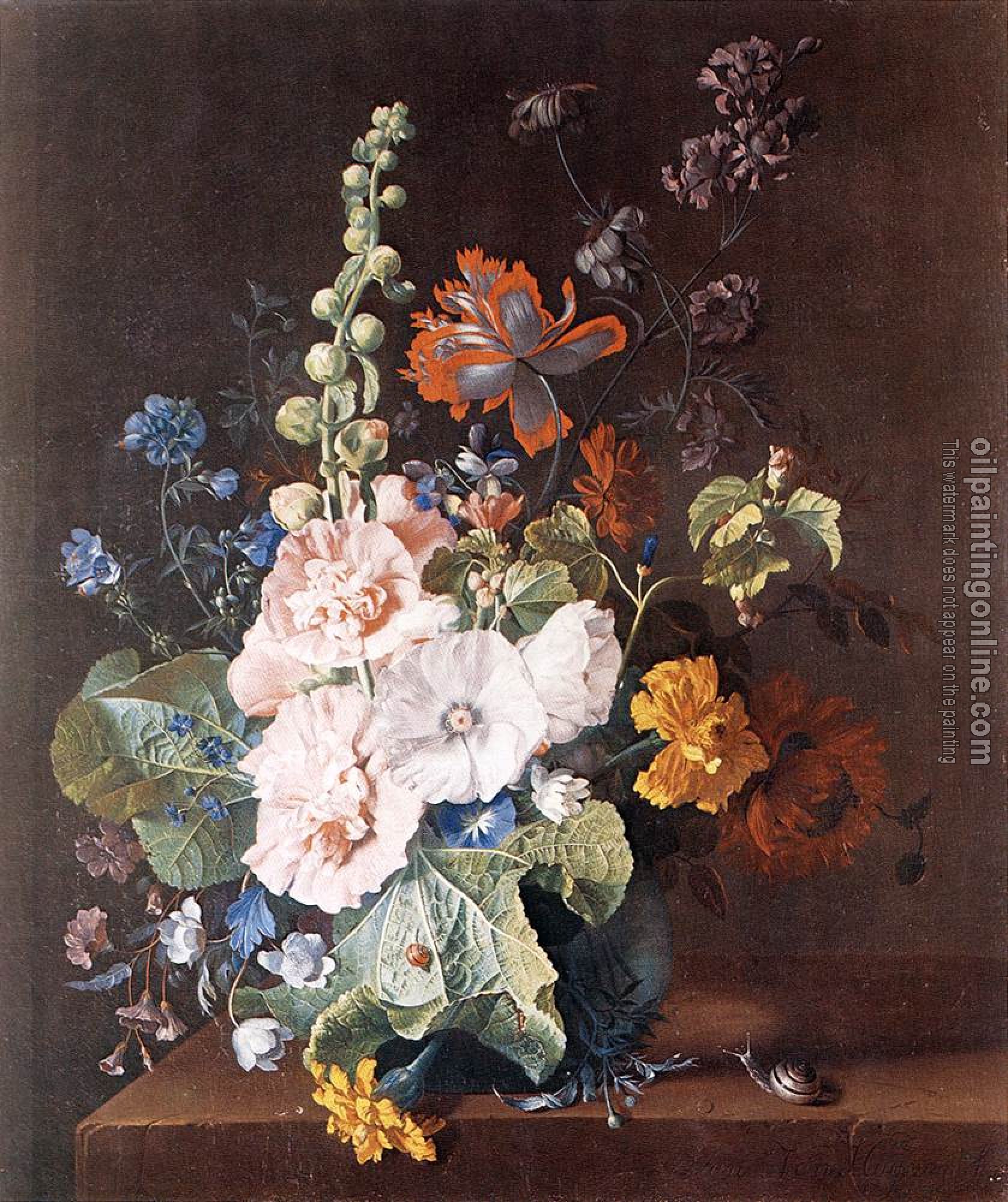 Huysum, Jan van - Hollyhocks and Other Flowers in a Vase